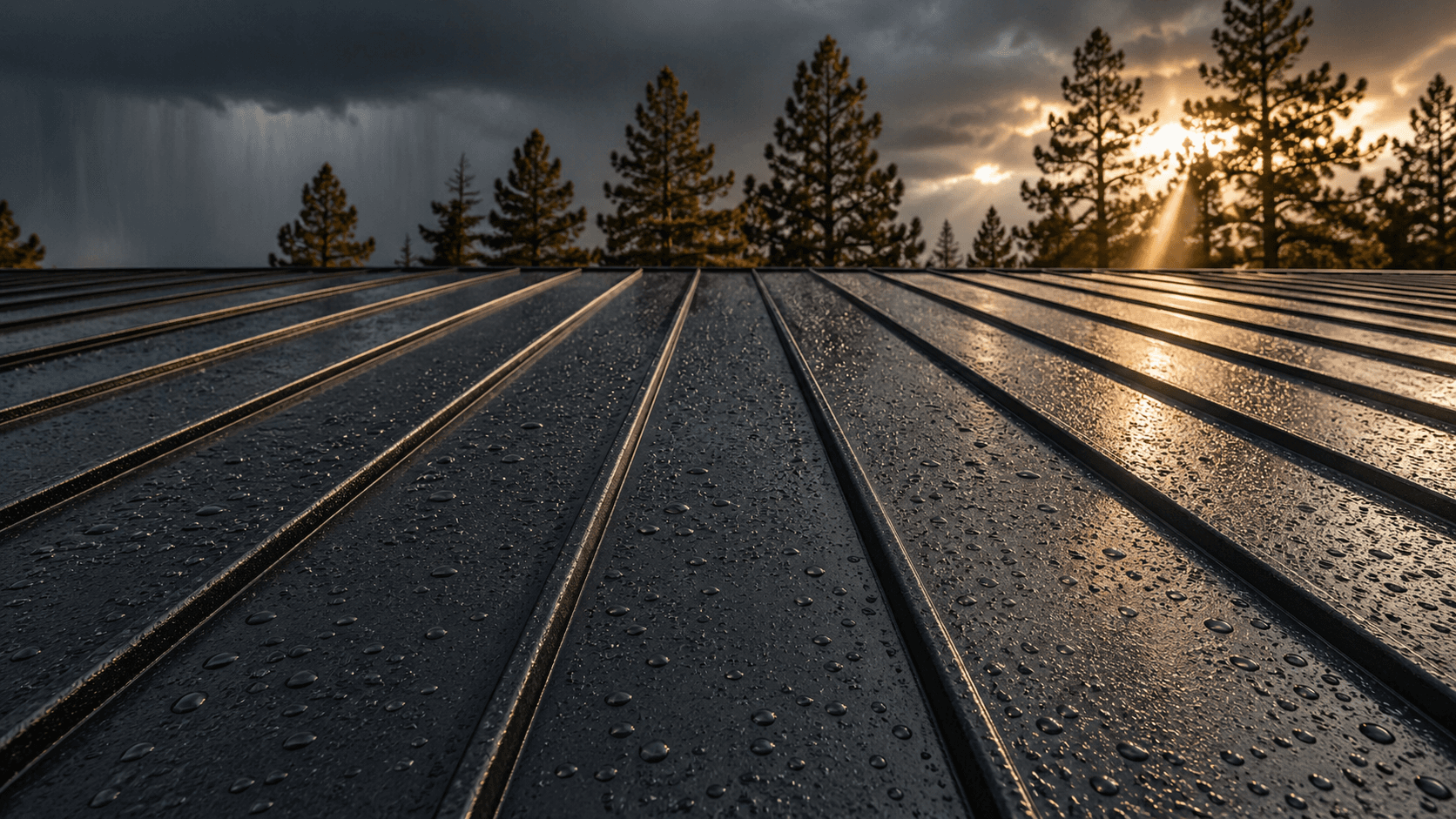 Wet metal roof in the foreground with a dramatic storm sky breaking into golden-hour sun, pine trees on the horizon
